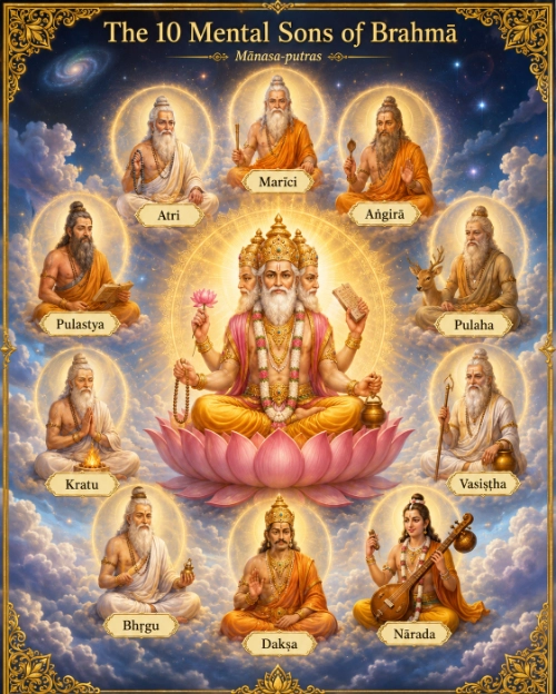 Four-headed Brahmā seated on a lotus, encircled by medallion portraits of his ten mind-born sons — Marīci, Atri, Aṅgirā, Pulastya, Pulaha, Kratu, Vasiṣṭha, Bhṛgu, Dakṣa and Nārada.