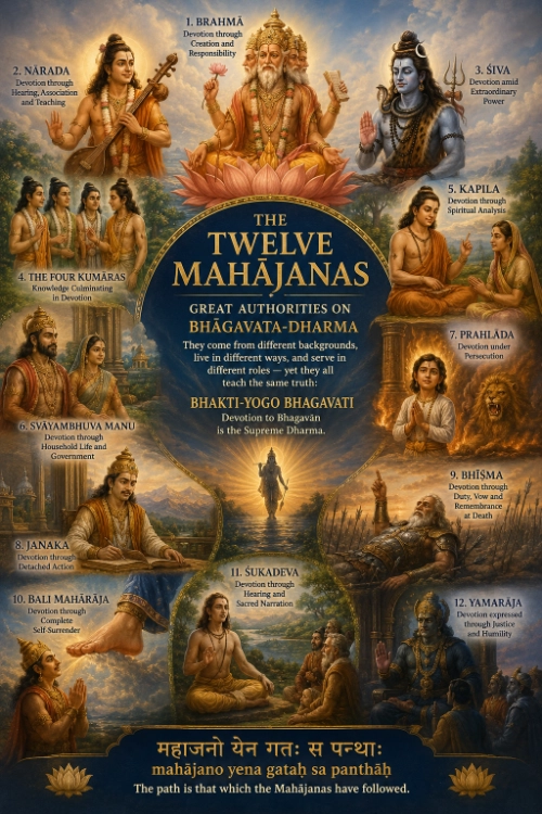 Poster of the twelve Mahājanas — Brahmā, Nārada, Śiva, the four Kumāras, Kapila, Svāyambhuva Manu, Prahlāda, Janaka, Bhīṣma, Bali, Śukadeva and Yamarāja — each shown with the mode of devotion he exemplifies, around the maxim mahājano yena gataḥ sa panthāḥ.