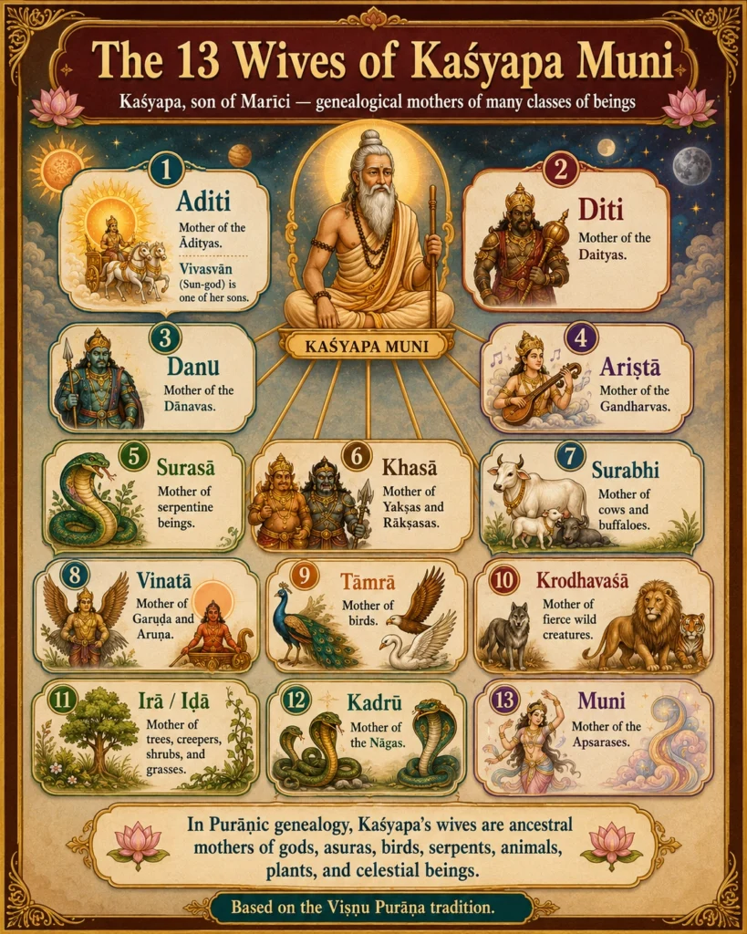 An illustrated chart titled The 13 Wives of Kaśyapa Muni. Kaśyapa sits at the centre with rays extending to thirteen numbered cards, each with a painted vignette: 1 Aditi, mother of the Ādityas, noting Vivasvān the Sun-god among her sons; 2 Diti, mother of the Daityas; 3 Danu, mother of the Dānavas; 4 Ariṣṭā, mother of the Gandharvas; 5 Surasā, mother of serpentine beings; 6 Khasā, mother of Yakṣas and Rākṣasas; 7 Surabhi, mother of cows and buffaloes; 8 Vinatā, mother of Garuḍa and Aruṇa; 9 Tāmrā, mother of birds; 10 Krodhavaśā, mother of fierce wild creatures; 11 Irā or Iḍā, mother of trees, creepers, shrubs and grasses; 12 Kadrū, mother of the Nāgas; 13 Muni, mother of the Apsarases. A footer notes the chart is based on the Viṣṇu Purāṇa tradition.
