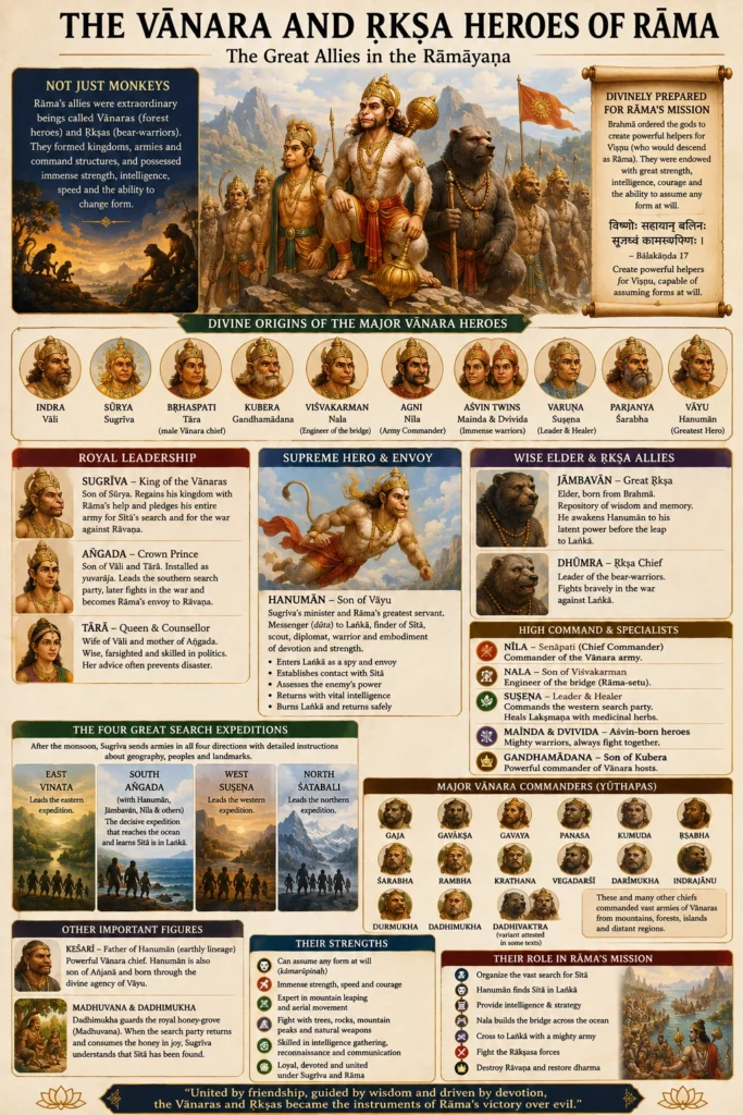 Infographic of Rāma’s Vānara and Ṛkṣa allies: the divine fathers of the great heroes from Indra to Vāyu; royal leadership Sugrīva, Aṅgada and Tārā; Hanumān as supreme envoy; the Ṛkṣa elders Jāmbavān and Dhūmra; high command Nīla, Nala, Suṣeṇa, Mainda, Dvivida and Gandhamādana; the four search expeditions east, south, west and north; and the major yūthapa commanders.