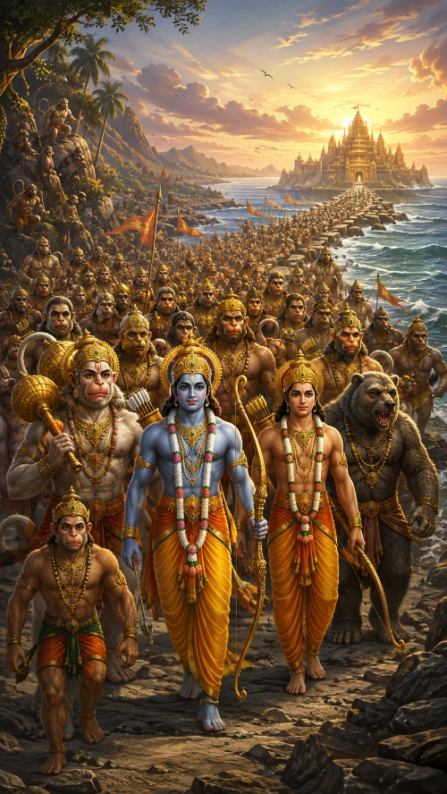 Rāma leading the Vānara and Ṛkṣa army along the shore, with Hanumān and Lakṣmaṇa beside him and a bear-warrior behind, the causeway stretching across the sea toward golden Laṅkā at sunset.