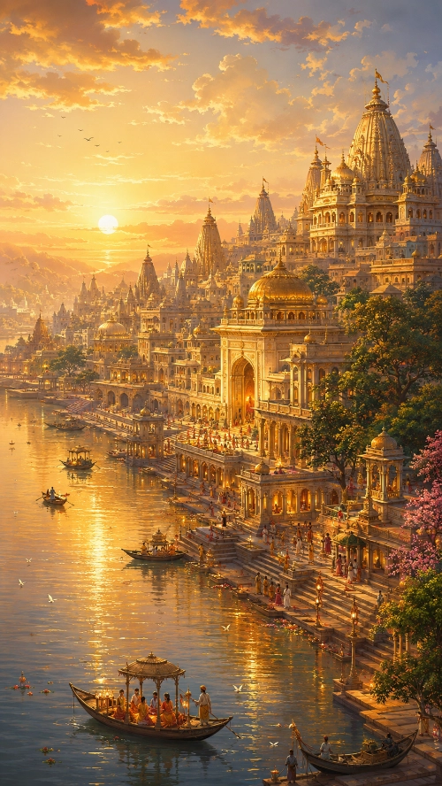 Ayodhyā at sunset — golden temple spires and palaces rising above the river ghats, with boats on the water below.