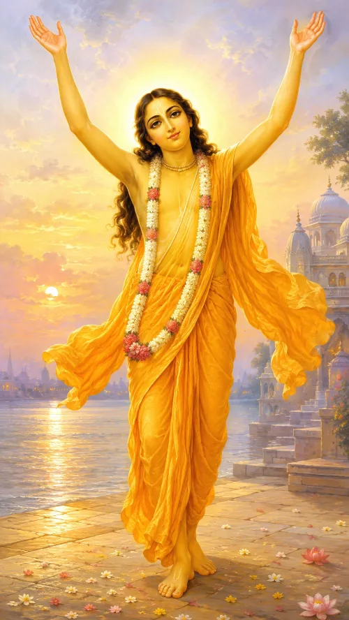 Śrī Caitanya Mahāprabhu in golden-saffron robes and a long flower garland, both arms raised in ecstatic kīrtana, standing barefoot on a riverside ghāṭa at sunrise with a domed temple behind him and lotus blossoms scattered across the stone.