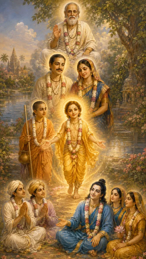 Devotional painting of Caitanya Mahāprabhu’s family: Upendra Miśra as an elderly sage above the clouds; Jagannātha Miśra and Śacīdevī garlanded behind their sons; the radiant golden child Nimāi with arms outstretched beside his elder brother Viśvarūpa holding a staff; and seated below, brāhmaṇas with folded hands and the blue-hued Nityānanda with the two women of the household, on a riverbank before a temple.