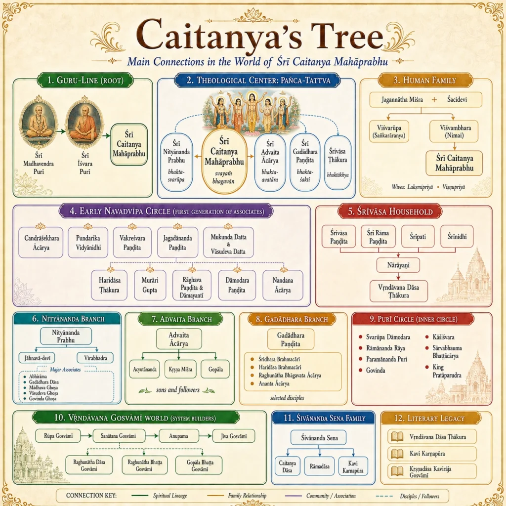 Twelve-panel chart of Caitanya’s Tree: the guru-line from Mādhavendra Purī through Īśvara Purī; the Pañca-tattva with each member’s theological role; Caitanya’s human family; the early Navadvīpa circle; the Śrīvāsa household down to Vṛndāvana Dāsa; the Nityānanda, Advaita and Gadādhara branches; the Purī inner circle; the Vṛndāvana Gosvāmīs; Śivānanda Sena’s family; and the literary legacy, with a key distinguishing spiritual lineage, family, community and disciple links.