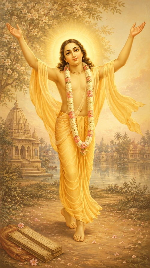Śrī Caitanya Mahāprabhu, golden-complexioned and haloed, standing with both arms raised on a flowering riverbank path; he wears saffron cloth and a long garland of white and pink flowers, temple spires and the river lie behind him, and a stack of palm-leaf manuscript folios rests on cloth at his feet.
