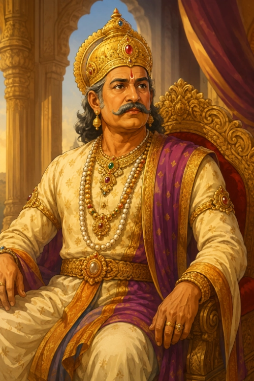 King Daśaratha enthroned in his palace at Ayodhyā, crowned and jewelled, in cream and gold robes with a purple sash.