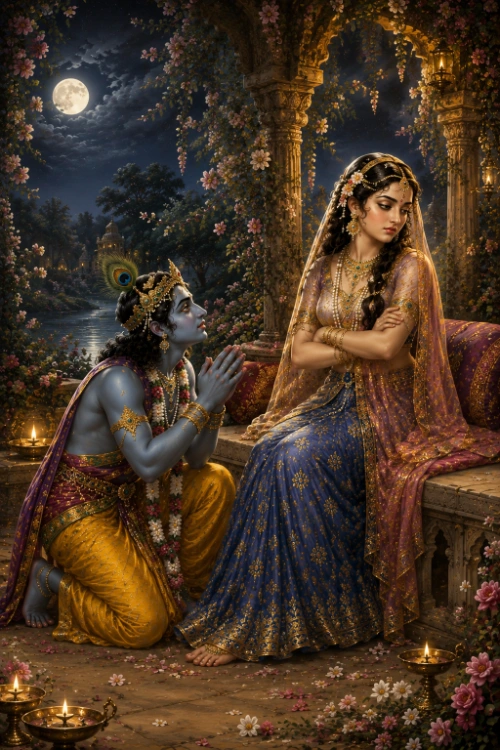 A moonlit terrace beside the river. Rādhā sits on a stone bench in blue and gold with a rose veil, her arms folded and her face turned away, still holding her anger. Kṛṣṇa kneels on the ground before her in yellow silk and garlands, peacock feather in his hair, palms joined and face raised to her in appeal. Oil lamps burn among scattered blossoms and the full moon rises over the trees.