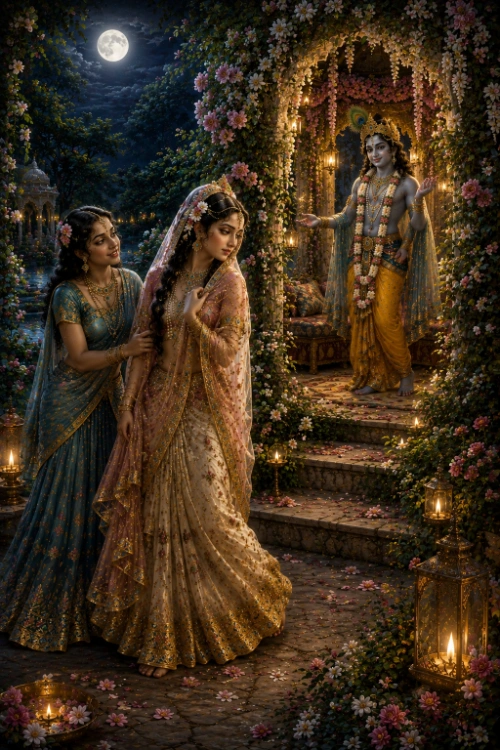 A moonlit flowering bower with lamplit steps leading up to it. Rādhā stands at the foot of the stairs in cream and rose silks with a veil over her hair, hesitating, her hand at her breast. Her sakhī, in teal and gold, stands behind her with both hands at her shoulders, urging her forward. Above, in the lamplit pavilion, Kṛṣṇa waits garlanded in yellow silk with his hand stretched out toward her. Lamps and blossoms line the steps.