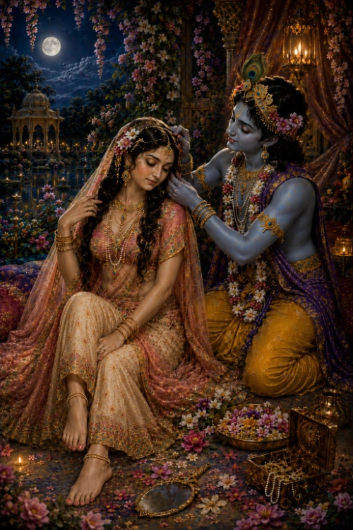 A lamplit bower after love-play, the full moon over the water behind. Rādhā sits on the ground in cream and rose silks, her eyes lowered and one hand raised to her hair. Kṛṣṇa kneels close behind her in yellow silk and garlands, peacock feather in his crown, both hands lifted to set a flower in her hair and arrange it for her. A hand mirror, a tray of blossoms and scattered jewellery lie on the ground at her feet.