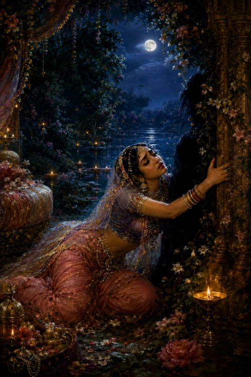 Rādhā sinks against a dark pillar in a moonlit bower, her arms reaching around it and her face pressed to the shadow as though embracing a body. She wears rose silk and gold, her veil slipping, and she has fallen to her knees among cushions and scattered petals. A single oil lamp burns beside her, lamps float on the river behind, and the full moon stands above the trees.