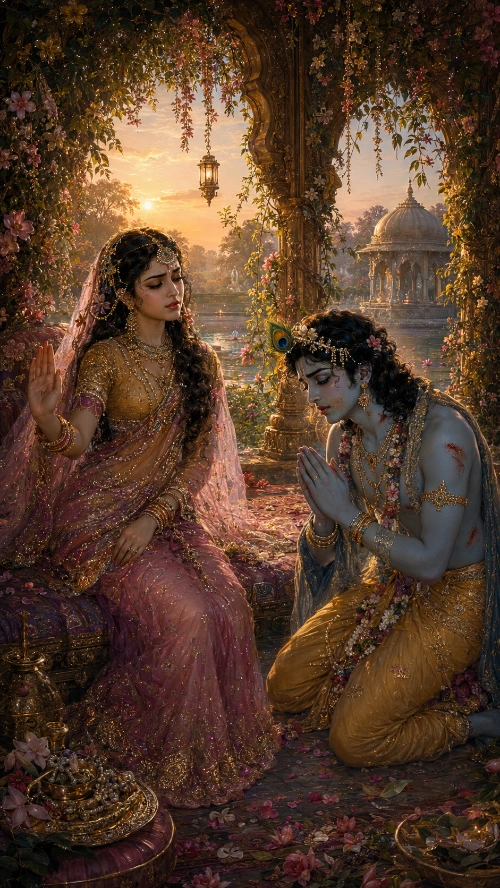 Dawn in a flowering bower beside the river. Rādhā sits on cushions in rose and gold, her face turned away and one hand raised flat in refusal. Kṛṣṇa kneels before her with his palms joined and his head lowered, peacock feather in his hair and a garland at his chest; faint scratch marks and stains show on his arm and cheek. A lantern hangs above them, and a domed pavilion stands across the water in the sunrise.
