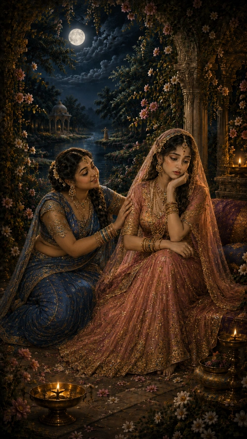 A moonlit bower beside the river. Rādhā sits in rose and gold with her veil drawn over her hair, her chin resting on her hand and her eyes lowered, still holding her anger. Her sakhī, seated beside her in deep blue, leans in with a hand laid gently on her shoulder, speaking to her. Oil lamps burn on the ground among fallen blossoms, and the full moon stands over a distant pavilion.
