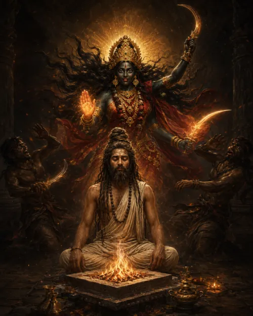 The goddess Kālī rises with raised blades above a serene seated ascetic before a small fire altar, while robbers recoil in terror on either side.