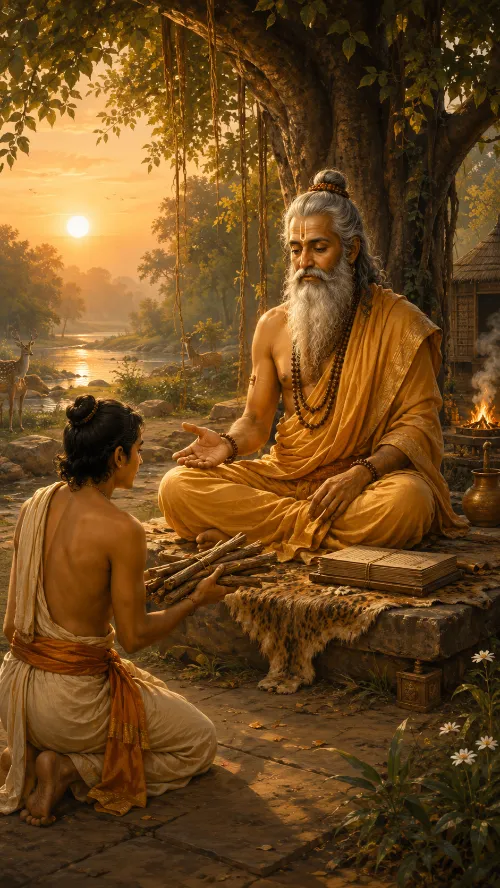 A young student kneels holding a bundle of firewood out to an elderly ṛṣi seated cross-legged on a low platform beneath a banyan at sunrise; a sacred fire and palm-leaf manuscripts rest beside the teacher, with a river and grazing deer behind them.