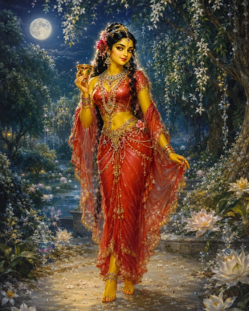 A devotional painting of Śrī Indulekhā-devī standing on a stone path in a moonlit grove. Her complexion is a luminous golden yellow and she wears a vivid pomegranate-red sārī with a translucent red veil, heavily worked with gold, and gold and jewelled ornaments at her forehead, ears, neck, arms, waist and ankles, with flowers in her dark hair. In her raised right hand she holds a small golden cup of nectar. Behind her a full moon stands in a deep blue sky, white jasmine hangs in sprays from the trees, and white lotuses and water-lilies open in a pool at the edge of the path.
