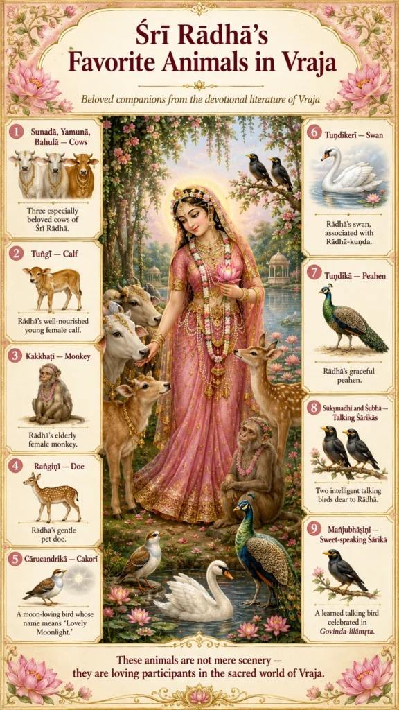 Infographic titled “Śrī Rādhā’s Favorite Animals in Vraja — beloved companions from the devotional literature of Vraja.” A central painting shows Rādhā among cows, a calf, a deer, a monkey, a peacock, a swan and mynahs, framed by nine numbered panels: 1 Sunadā, Yamunā and Bahulā, three especially beloved cows; 2 Tuṅgī, Rādhā’s well-nourished young female calf; 3 Kakkhaṭī, her elderly female monkey; 4 Raṅgiṇī, her gentle pet doe; 5 Cārucandrikā, a moon-loving cakorī whose name means “Lovely Moonlight”; 6 Tuṇḍikerī, her swan, associated with Rādhā-kuṇḍa; 7 Tuṇḍikā, her graceful peahen; 8 Sūkṣmadhī and Śubhā, two intelligent talking śārikās; 9 Mañjubhāṣiṇī, a learned talking bird celebrated in the Govinda-līlāmṛta. A footer reads that these animals are not mere scenery but loving participants in the sacred world of Vraja.