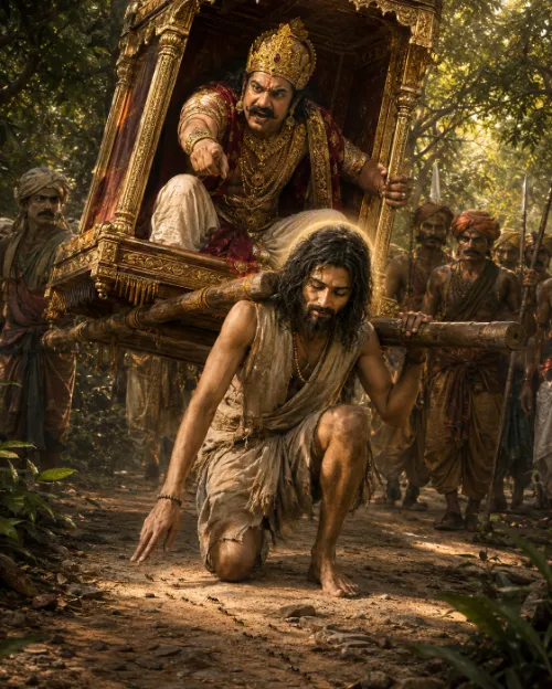 A crowned king leans angrily from an ornate palanquin, pointing at the ascetic bearing its pole, who crouches on the forest path with one hand to the ground and an untroubled face.