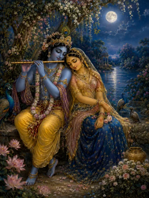 Kṛṣṇa playing the flute in a flowering night bower beside the Yamunā, with Rādhā in a blue and gold sari resting her head against His shoulder; a full moon over the water, peacocks, lotuses and a golden waterpot around them.