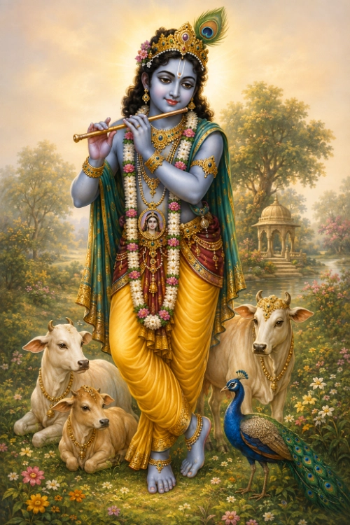Śrī Kṛṣṇa standing in a flowering Vraja meadow playing His flute, dressed in yellow cloth with a peacock feather in His crown, a long forest garland of leaves and flowers reaching to His feet, and a medallion at His chest bearing the likeness of a woman; two white cows and a calf rest beside Him and a peacock stands at His feet, with a domed pavilion and river behind.