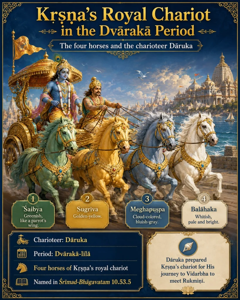 Infographic titled “Kṛṣṇa’s Royal Chariot in the Dvārakā Period: the four horses and the charioteer Dāruka.” Kṛṣṇa rides a gold chariot under a Garuḍa banner with Dāruka at the reins, before the domes of Dvārakā and the sea. Four numbered panels name the horses and their colours: 1 Śaibya, greenish like a parrot’s wing; 2 Sugrīva, golden-yellow; 3 Meghapuṣpa, cloud-coloured bluish-grey; 4 Balāhaka, whitish, pale and bright. A lower panel lists the charioteer Dāruka, the period Dvārakā-līlā, the four horses of Kṛṣṇa’s royal chariot, and their naming in Śrīmad-Bhāgavatam 10.53.5, beside a note that Dāruka prepared Kṛṣṇa’s chariot for His journey to Vidarbha to meet Rukmiṇī.
