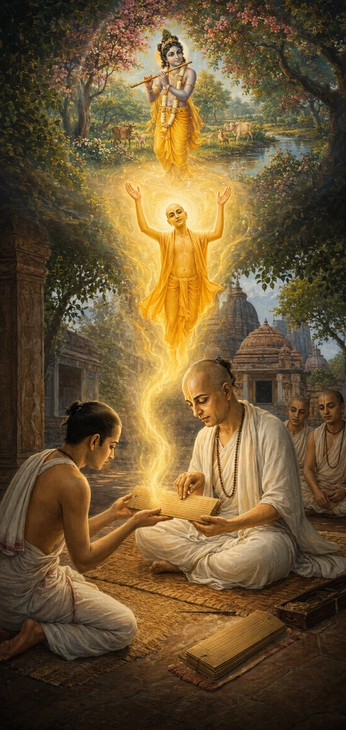 A devotional painting in three tiers. At the bottom, in a stone courtyard beside a temple, a young man in a white dhotī kneels and holds out a bound palm-leaf manuscript to an older Vaiṣṇava seated cross-legged before him, who takes it in both hands and reads; two more devotees sit watching a little behind. From the open manuscript a column of golden light rises. In the middle of that light stands Śrī Caitanya, golden-complexioned, in saffron cloth with both arms raised. Above him, framed by flowering branches, Kṛṣṇa plays the flute in a green Vraja landscape with cows grazing beside a river. Temple spires and courtyard walls stand behind the seated figures.