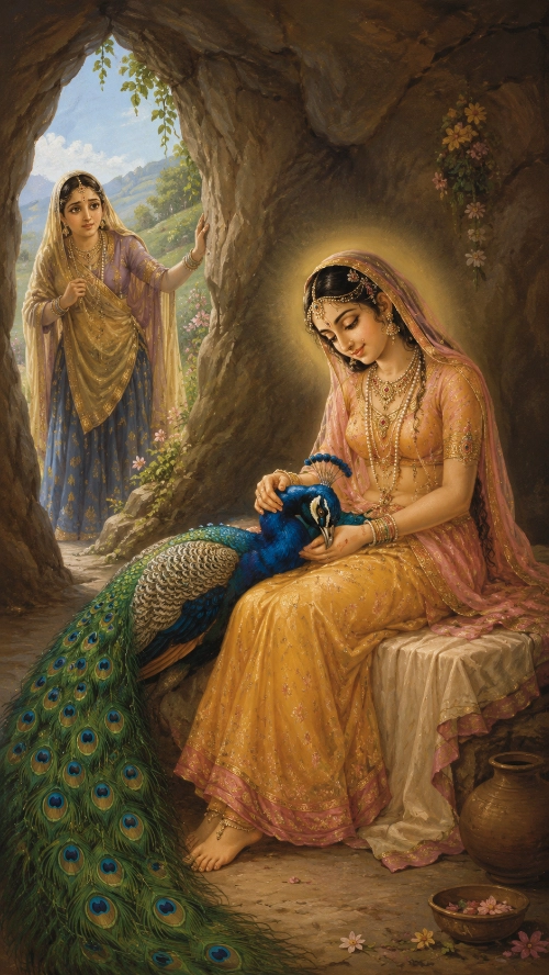 Rādhā seated in a cave with a golden effulgence around Her, stroking a peacock whose head rests on Her lap, while Kīrtidā looks in from the sunlit cave mouth