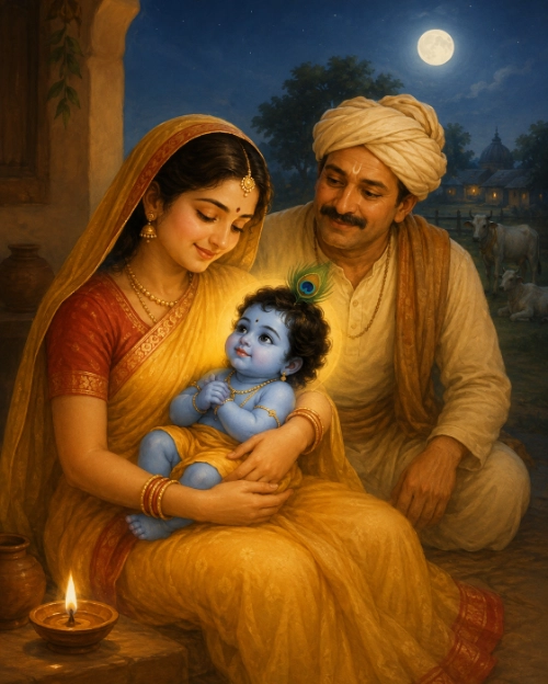 Yaśodā, in a yellow and red sari, holds the infant Kṛṣṇa on her lap and gazes down at him while Nanda, in a cream turban and with a large moustache, sits beside them looking on; a peacock feather is in the child's hair, a ghee lamp burns on the step in front, a cow stands behind them, and a full moon hangs in the night sky over the village.