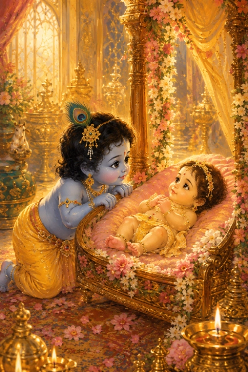Infant Kṛṣṇa, blue-complexioned with a peacock feather in his hair and a yellow dhoti, pulls himself up on his feet at the side of a golden cradle hung with flowers and looks in at the baby Rādhā, who lies on a pink cushion gazing back at him with open eyes; lamps burn on the patterned floor of a golden palace room.