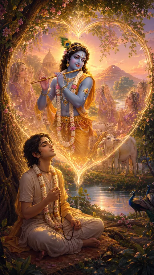 A devotional painting. A young devotee in cream cloth sits cross-legged on the ground beneath a great tree at the water's edge, eyes closed, a white flower garland at his neck and japa beads in his right hand. Behind and above him a luminous heart-shaped frame of golden light and pink blossoms encloses Kṛṣṇa, blue-complexioned, in a yellow dhoṭī with a peacock-feather crown and long garlands of white flowers, playing the flute. Gopīs in rose and violet sārīs stand within the frame on either side of Him, white cows graze at the right, and a peacock rests beside the water. Beyond, the river catches the sunset light, with temple spires at the left and a hill in the distance.