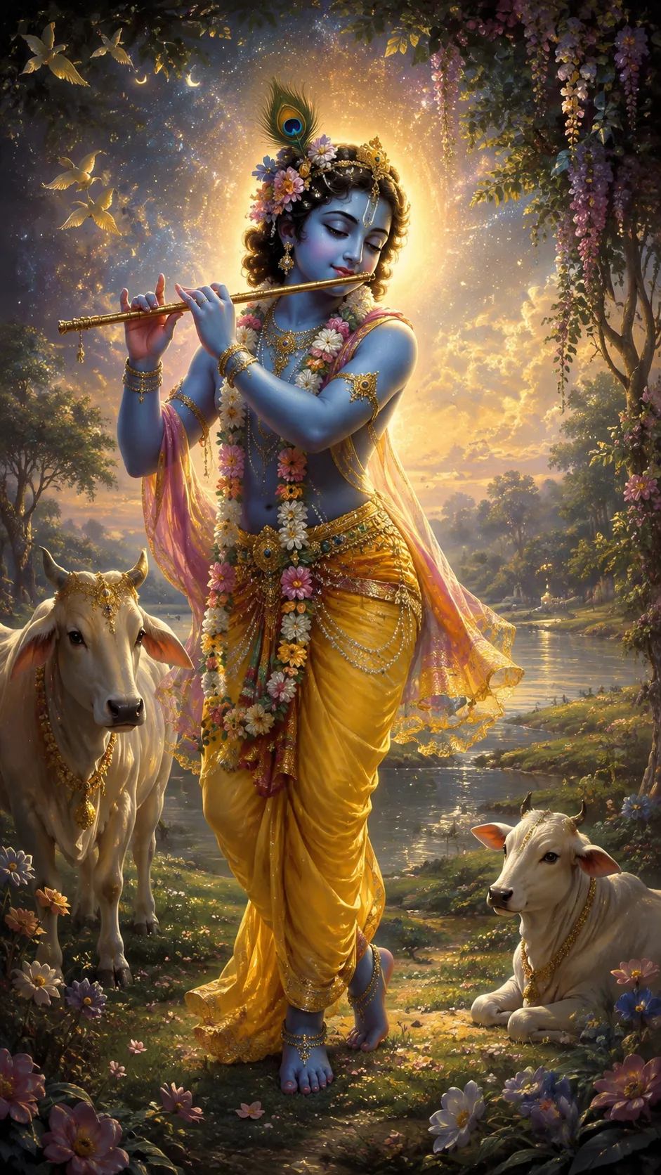 Kṛṣṇa stands in three-fold bending pose playing the flute in a flowering Vraja grove at dusk, a peacock feather in his hair and a long garland of blossoms at his knees; a white cow stands at his left and another rests at his right, with a river, a crescent moon and a star-filled sky behind.