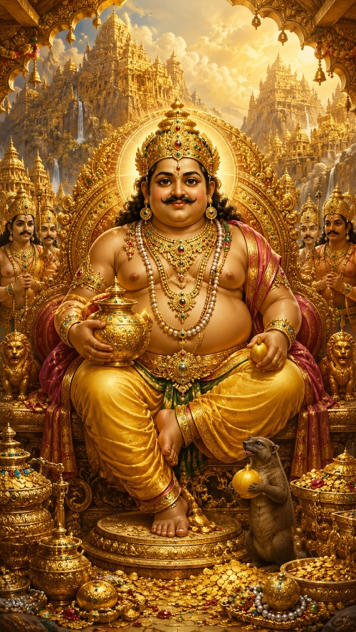 Kubera enthroned in his golden city, crowned and heavily jewelled, holding a treasure pot, with a mongoose at his feet and Yakṣa attendants behind him.