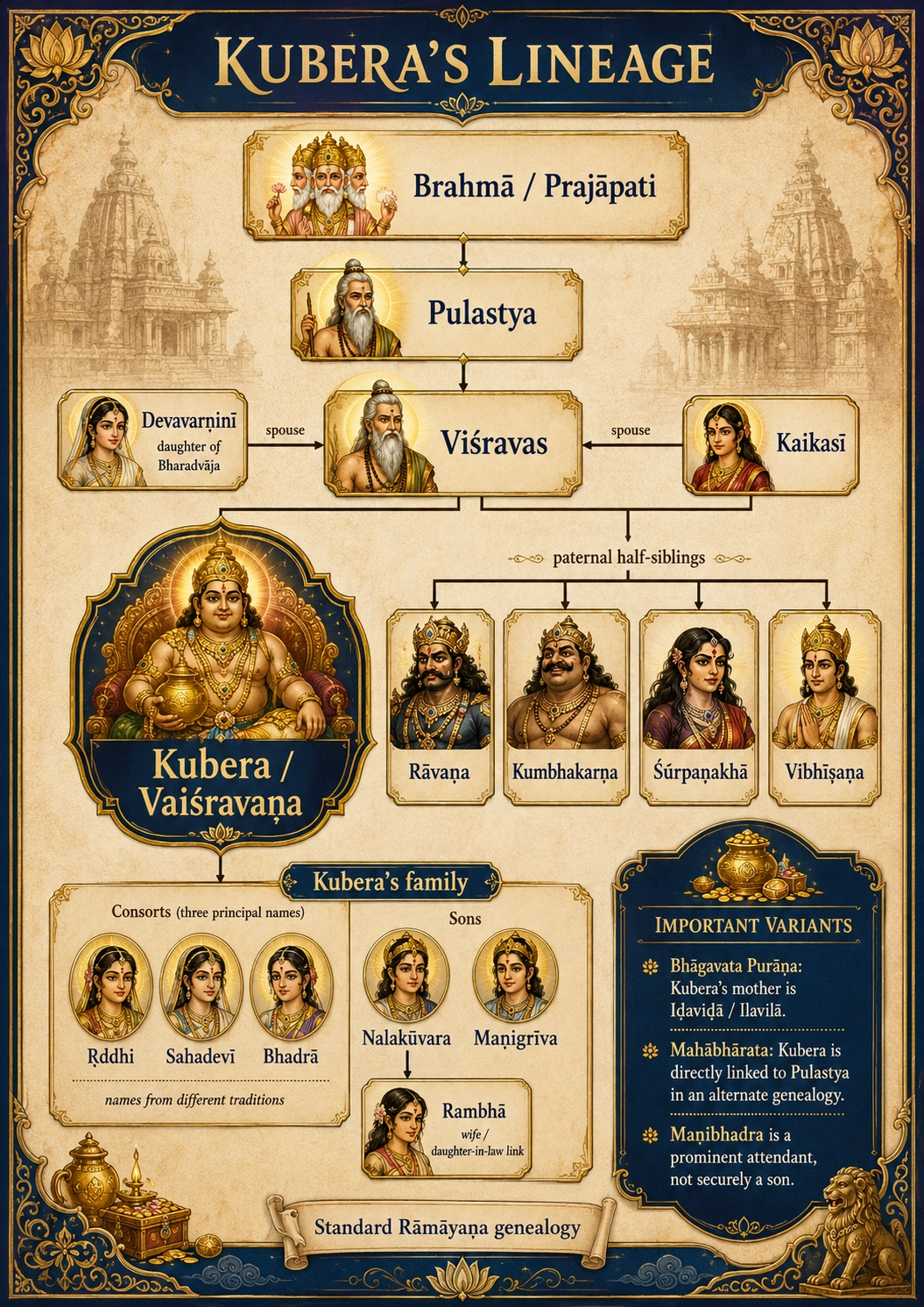 Genealogy chart of Kubera’s lineage: Brahmā and Pulastya above Viśravas, whose wives Devavarṇinī and Kaikasī bear Kubera and his paternal half-siblings Rāvaṇa, Kumbhakarṇa, Śūrpaṇakhā and Vibhīṣaṇa; below, Kubera’s consorts Ṛddhi, Sahadevī and Bhadrā, his sons Nalakūvara and Maṇigrīva, and his daughter-in-law Rambhā, with a panel of variant genealogies.