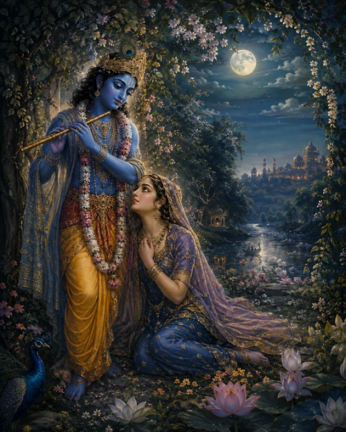 Kṛṣṇa standing and playing his flute in a moonlit flowering bower while Śrī Rādhā, seated at his feet in blue and violet, gazes up at him; a river winds behind them and the domes and towers of a distant city rise on the horizon.