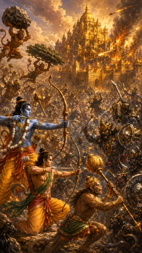 Rāma and Lakṣmaṇa drawing their bows before burning Laṅkā, with Hanumān beside them and Vānaras hurling boulders and trees against the Rākṣasa ranks.