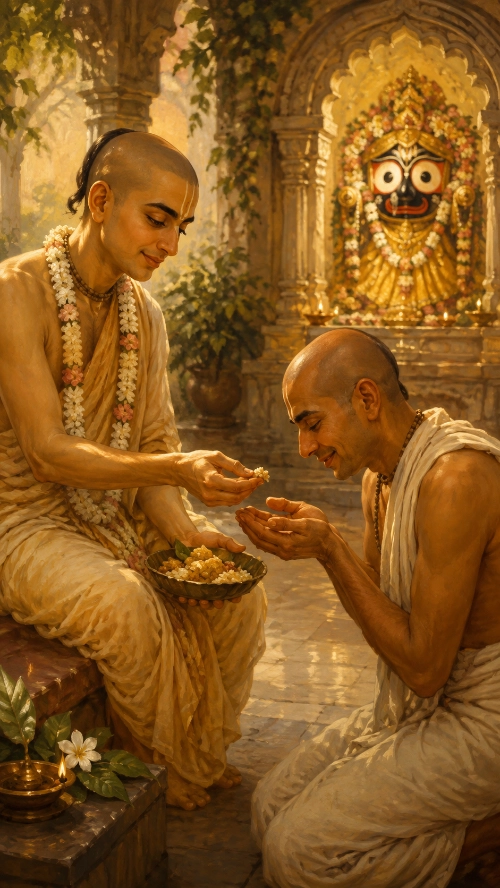 A devotional painting in warm golden light inside a temple courtyard. A Vaiṣṇava with a shaven head and śikhā, wearing cream cloth, tulasī beads and a long garland of white and pink flowers, sits on a stone step holding a dark bowl of prasāda and places a portion into the cupped hands of a second devotee. The second man kneels on the paving before him, bare-shouldered in white cloth with tulasī beads, head bowed and smiling. Behind them, in a carved golden shrine hung with flower garlands, stands the large-eyed form of Lord Jagannātha. A brass oil lamp, a white flower and green leaves rest on the step at the left, with a potted plant and creepers in the arches behind.
