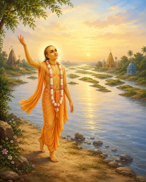 Caitanya Mahāprabhu as a sannyāsī in saffron cloth, golden-complexioned and haloed, one arm raised, walking a path beside a broad river that divides into several channels; South Indian temple towers stand on both banks among palms, under a sunlit sky.