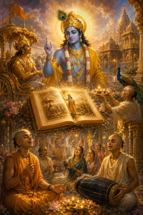 Kṛṣṇa raises His hand in teaching above an open illuminated Bhagavad-gītā, with Arjuna in his chariot behind Him; below, devotees chant on beads, play a mṛdaṅga, and offer a lamp before a temple.