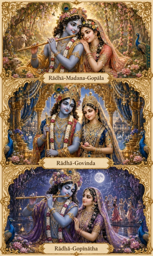 Three stacked panels of the great Vṛndāvana Deity pairs: Rādhā-Madana-Gopāla with Kṛṣṇa piping in a sunlit forest among cows and a peacock; Rādhā-Govinda enthroned in a jewelled riverside pavilion; and Rādhā-Gopīnātha beneath a full moon with the gopīs dancing the rāsa behind them.
