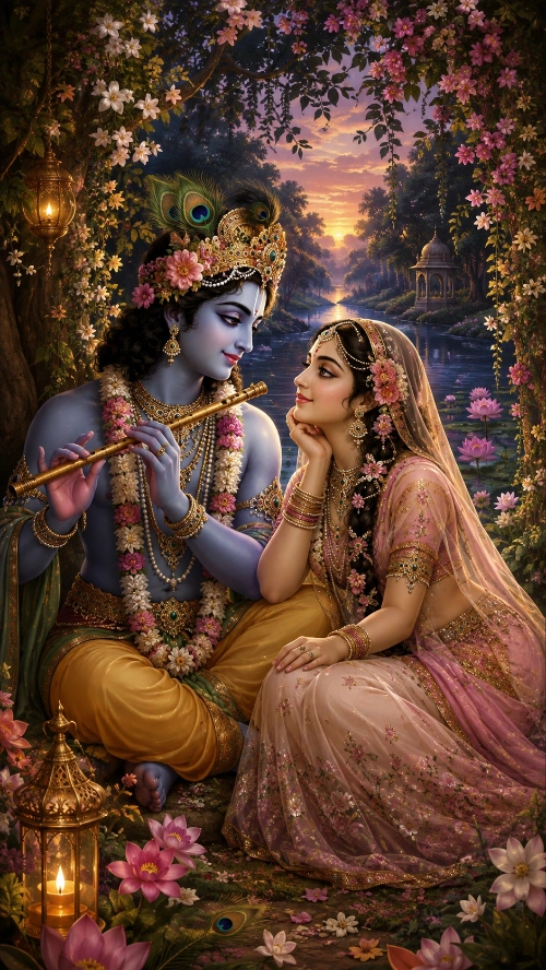 Kṛṣṇa and Rādhā seated together in a flowering night bower beside the Yamunā; He plays the flute in a peacock-feather crown and yellow dhoti while She rests her chin on her hand gazing at Him, with lotuses, a hanging lamp and a distant pavilion at sunset.
