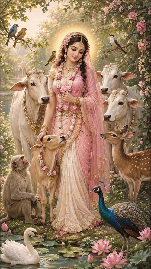 Śrī Rādhā in a pink sari and flower garland standing among Her animals: three garlanded white cows behind Her, a calf She is stroking, an elderly monkey seated at Her left, a spotted deer at Her right, a peacock and a white swan on the lotus pond at Her feet, and small birds in the flowering branches above.