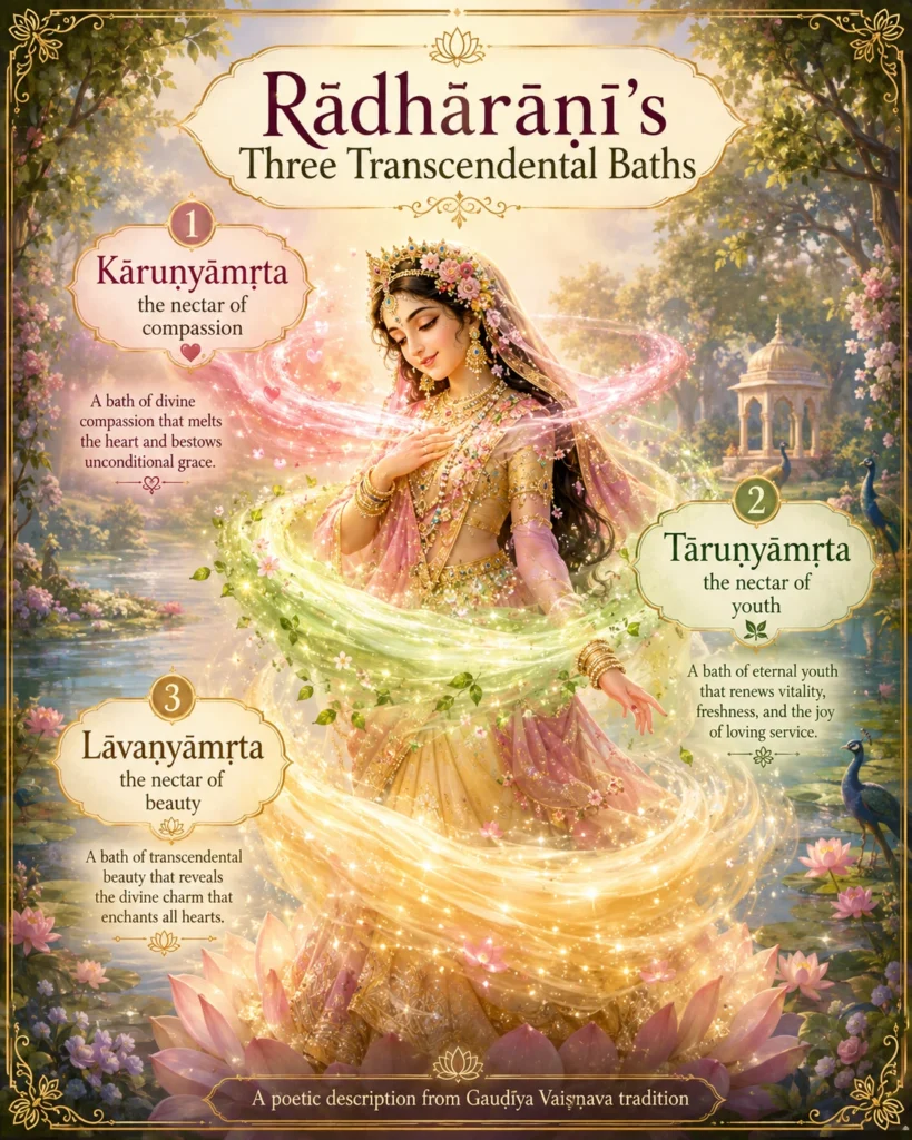 Infographic titled “Rādhārāṇī’s Three Transcendental Baths.” Rādhā turns amid swirling ribbons of pink, green and golden light in a riverside garden with peacocks and lotuses, framed by three labelled panels: 1 Kāruṇyāmṛta, the nectar of compassion, a bath of divine compassion that melts the heart and bestows unconditional grace; 2 Tāruṇyāmṛta, the nectar of youth, a bath of eternal youth that renews vitality, freshness and the joy of loving service; 3 Lāvaṇyāmṛta, the nectar of beauty, a bath of transcendental beauty revealing the divine charm that enchants all hearts. Footer: a poetic description from the Gauḍīya Vaiṣṇava tradition.