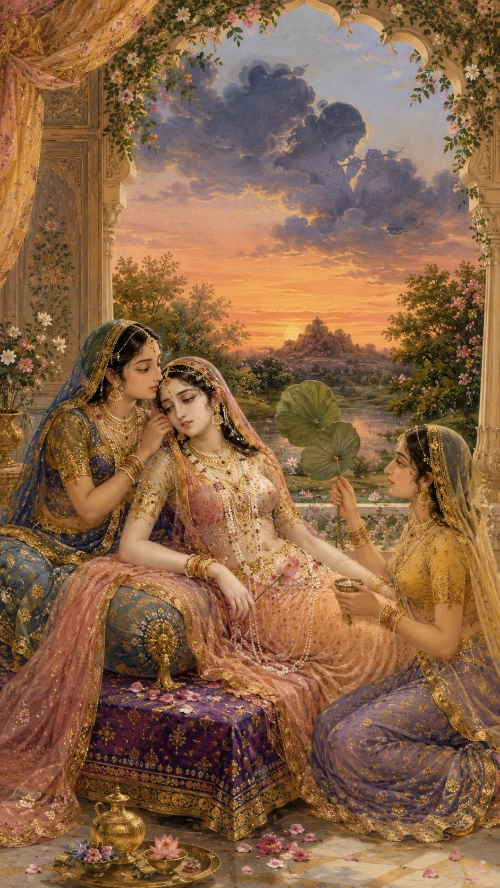 Rādhā reclines on a cushioned seat in a marble pavilion at sunset, eyes closed and body limp. One sakhī leans in close behind Her, lips near Her ear; another kneels at the right fanning Her with a lotus leaf and holding a small cup of cooling paste. A loosened strand of pearls hangs from Her hand. Beyond the arch a dark cloud stands over an orange sky, with a hill and a lotus pond in the distance.