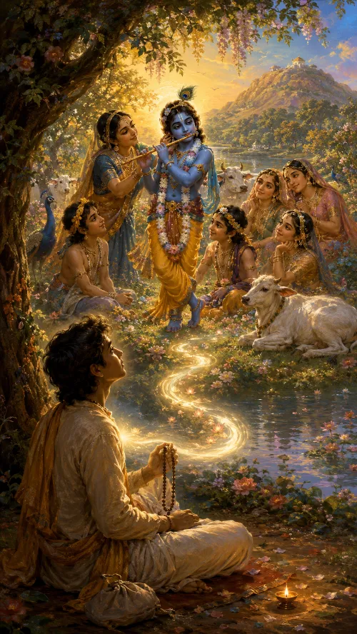 A devotional painting at sunset. A young devotee in cream cloth with a saffron shawl sits cross-legged on the ground beneath a great flowering tree, japa beads in his raised hands, looking up. Before him Kṛṣṇa stands playing the flute, blue-complexioned, in a golden-yellow dhotī with a peacock feather in his crown and long garlands of flowers; a gopī in blue and rose leans in at his shoulder, and five more sit and stand around him in jewelled sārīs. White cows rest and graze at the right, a peacock stands among the tree roots at the left, and a ribbon of golden light winds across the flowered grass from Kṛṣṇa's feet toward the devotee. A lotus-covered river and a green hill lie behind, and a small lit lamp stands on the ground in the foreground.