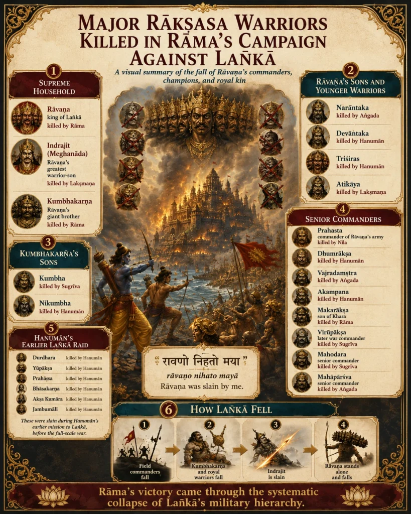 Infographic of the major Rākṣasa warriors killed in Rāma’s campaign against Laṅkā, in six panels: Rāvaṇa’s supreme household; his sons and younger warriors; Kumbhakarṇa’s sons Kumbha and Nikumbha; the senior commanders from Prahasta to Mahāpārśva with their slayers; the six Rākṣasas killed during Hanumān’s earlier raid; and a four-stage summary of how Laṅkā fell.