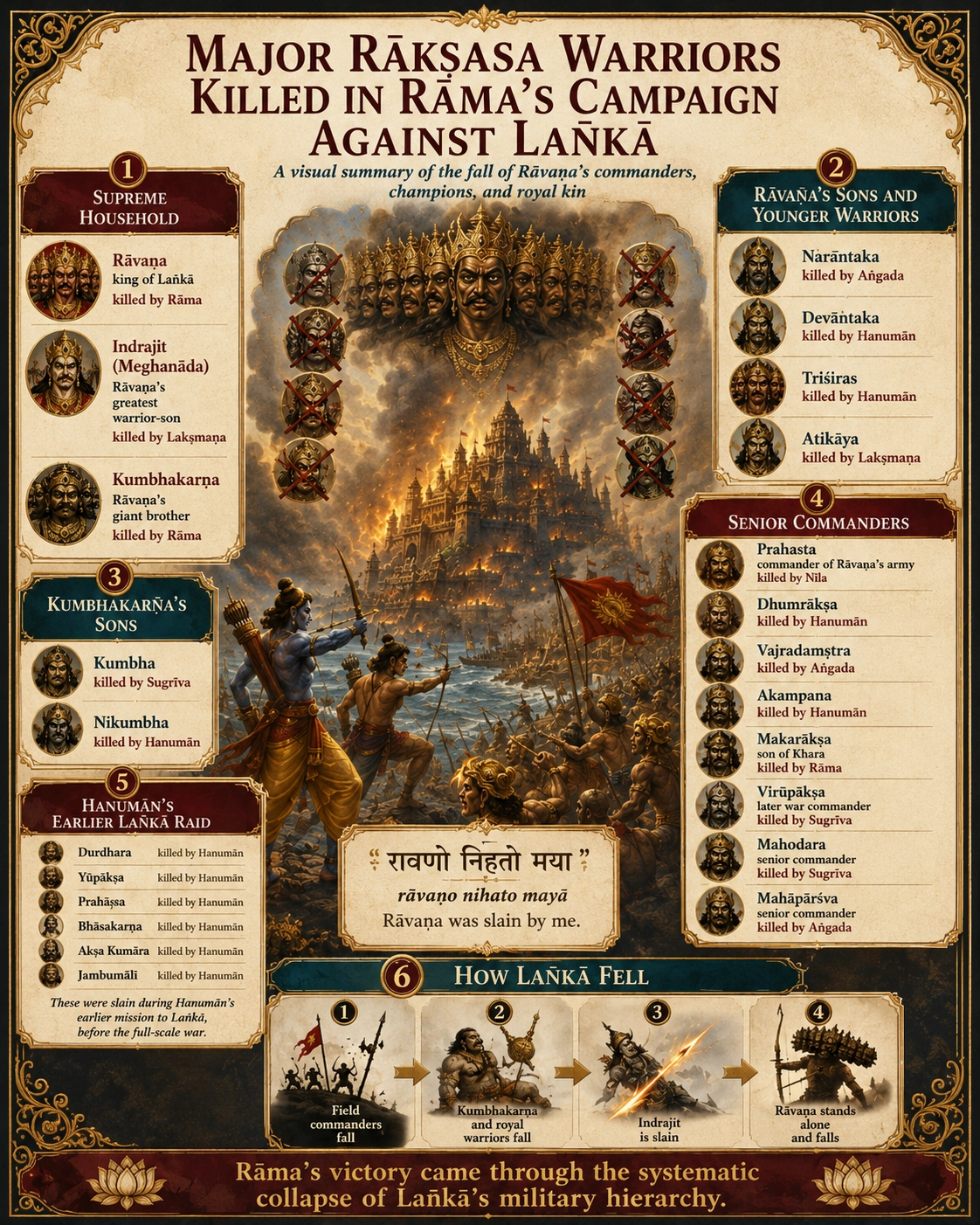 Infographic of the major Rākṣasa warriors killed in Rāma’s campaign against Laṅkā, in six panels: Rāvaṇa’s supreme household; his sons and younger warriors; Kumbhakarṇa’s sons Kumbha and Nikumbha; the senior commanders from Prahasta to Mahāpārśva with their slayers; the six Rākṣasas killed during Hanumān’s earlier raid; and a four-stage summary of how Laṅkā fell.