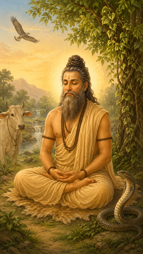 The sage Kaśyapa seated in meditation on a deerskin beneath a tree hung with creepers, haloed, with rudrākṣa beads at his neck and wrist. Around him stand the branches of his descendants: a pale cow to his left, a hooded cobra rising at his right, a bird of prey circling in the sky above, and the trees and vines behind — a stream and hills in the distance.