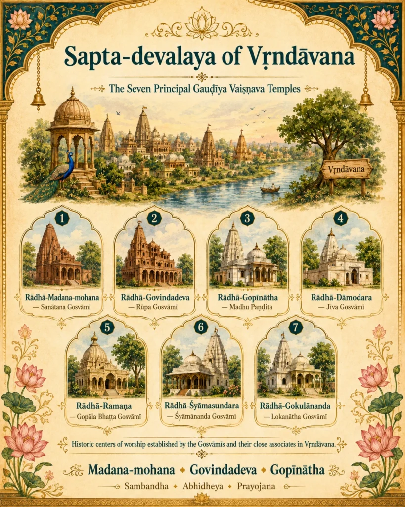 An illustrated chart of the Sapta-devalaya showing the seven Gauḍīya temples of Vṛndāvana, each with its building and its principal ācārya, above the triad Madana-mohana, Govindadeva and Gopīnātha labelled sambandha, abhidheya and prayojana.