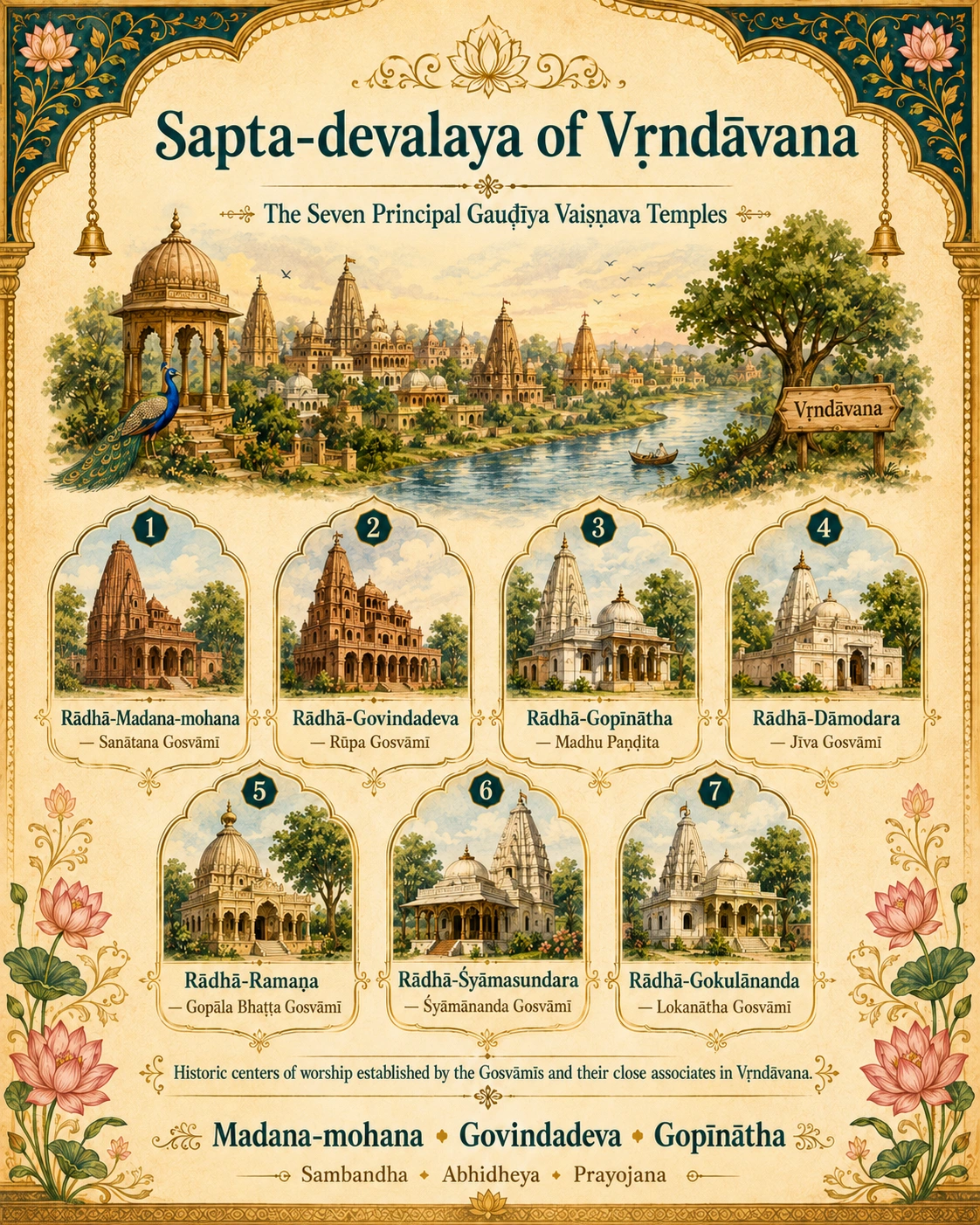 An illustrated chart of the Sapta-devalaya showing the seven Gauḍīya temples of Vṛndāvana, each with its building and its principal ācārya, above the triad Madana-mohana, Govindadeva and Gopīnātha labelled sambandha, abhidheya and prayojana.