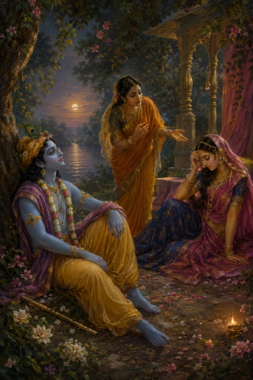 A moonlit bower beside the Yamunā: Kṛṣṇa sits at the foot of a tree on the left, blue-skinned and crowned with a peacock feather, his flute laid aside on the ground among white lotuses and his face turned away in dejection. In the centre the sakhī stands in an orange and gold sari, one hand reaching toward him and the other toward Rādhā, mediating between them. On the right Rādhā sits in blue and rose silks, her head bowed and her hand at her brow. Behind them the river carries the reflection of the full moon, and a small oil lamp burns among the fallen petals.